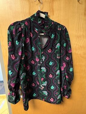 Black Floral Ruffle-Neck Blouse with Pink & Teal Accents